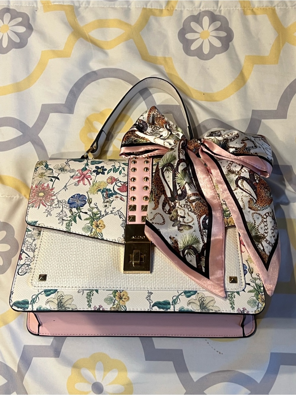 Aldo Floral-Print Top-Handle Satchel with Pink Scarf and long strap
